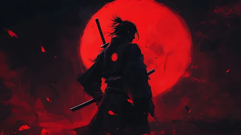 Lone samurai silhouette against intense red full moon.