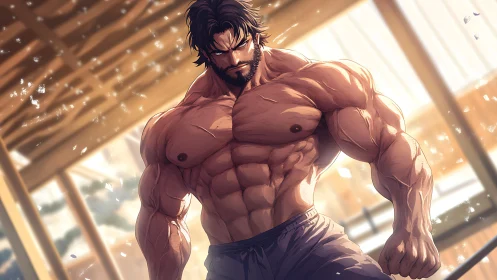Steel-souled warrior cooling in golden dojo sunlight.