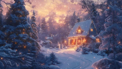 Snow-covered forest cabin with illuminated windows at dusk.