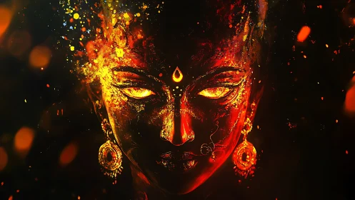 Fiery divine face emerges from darkness with molten gaze