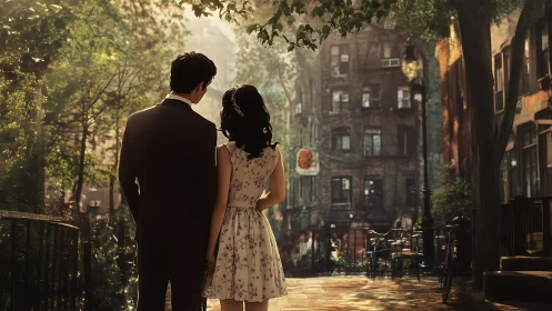 Vintage Urban Couple Walking Through Sun-Dappled Tree-Lined Street.