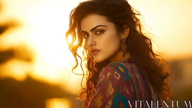 Photorealistic sunset portrait with warm backlit profile framing.