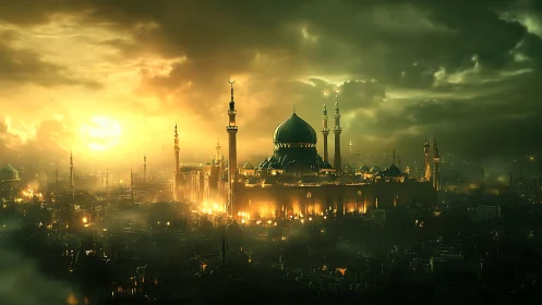 Golden domed citadel glows under stormlit sky at dusk