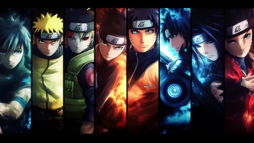 Vertical character lineup shows stylized ninja portraits