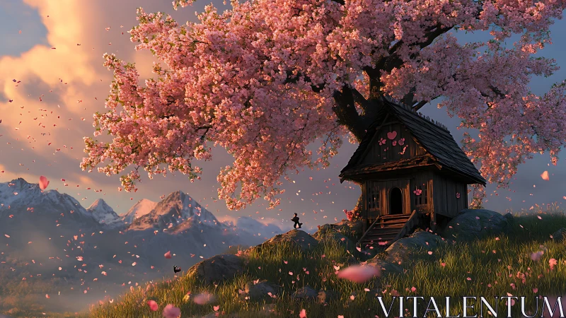 Cherry blossom tree sheltering small wooden hill cabin.