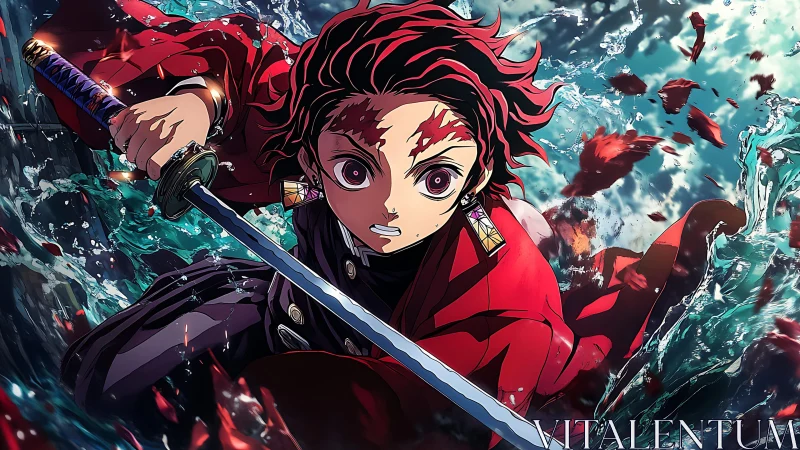 Sword-wielding anime hero drives forward through splashing waves.