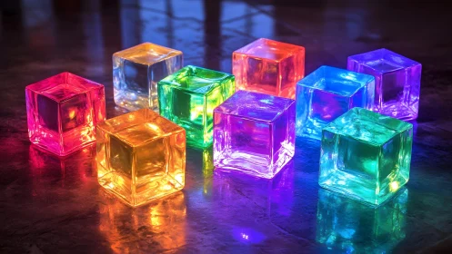 Illuminated translucent glass cubes on reflective dark surface