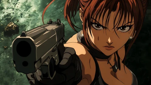 Gun-wielding heroine in tense close-quarters perspective shot.