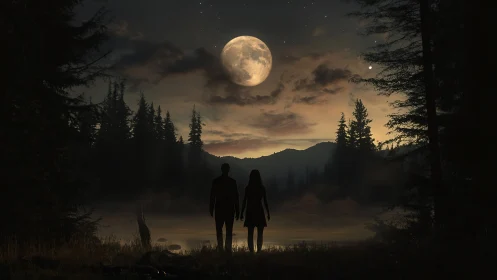 Silhouetted Couple Beneath Full Moon Over Misty Lake.