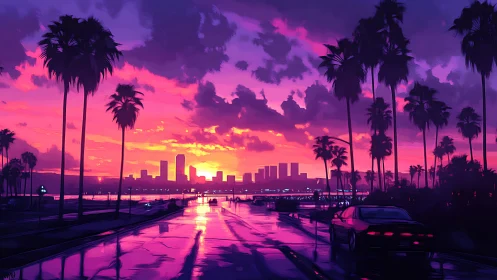 Neon-lit palm road at sunset facing distant city skyline.