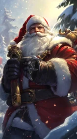 Armored Santa Claus holds ornate steampunk cannon in snowy forest