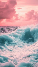 Sunlit turquoise waves crash under dreamy pink clouds.