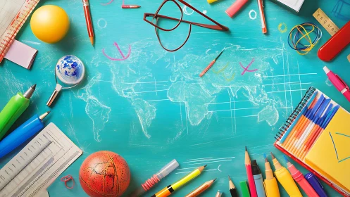 Playful classroom atlas sprawls across a turquoise dream desk.