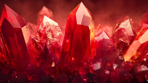 Luminous red crystal cluster glows through dense ambient haze