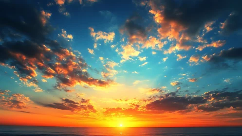 Radiant ocean sunset ignites clouds with vivid warm light.