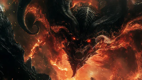 Infernal horned titan lunges forward through molten stormfire