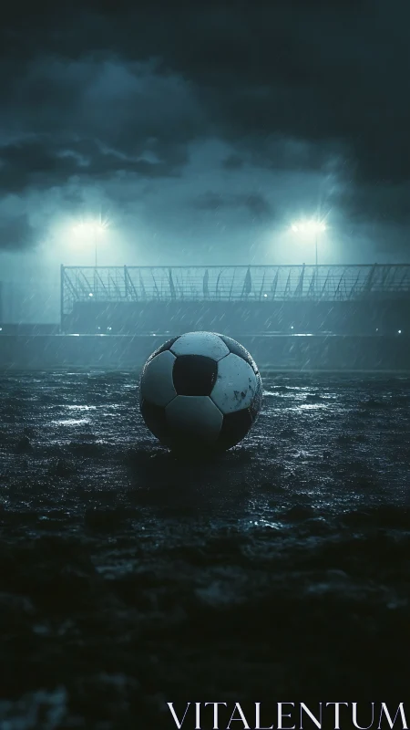 Nocturnal football on rain-slick pitch under stadium floodlights.