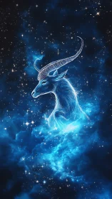 Starlit horned guardian drifts through a luminous blue nebula