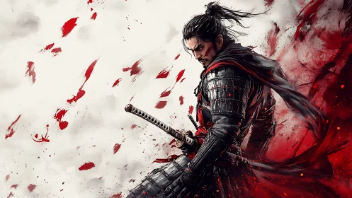Dynamic digital painting of a battle-scarred samurai warrior.