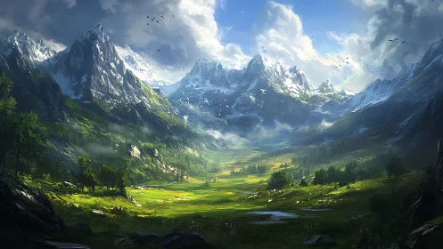 Digital mountain valley landscape shows layered alpine depth