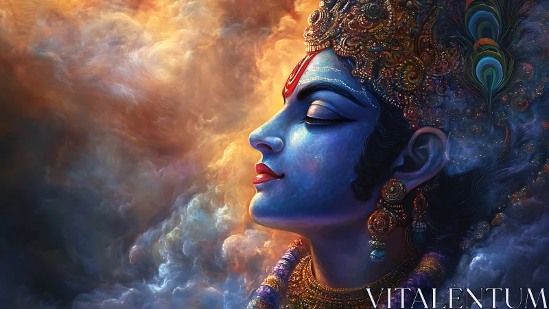 Blue-skinned divine profile in jeweled headdress amid clouds