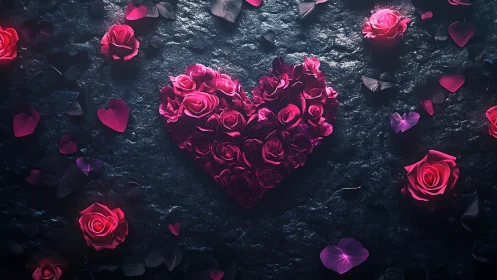 Heart-Shaped Rose Arrangement on Dark Textured Surface.