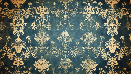 Vintage blue damask wallpaper pattern with worn gold flourishes.