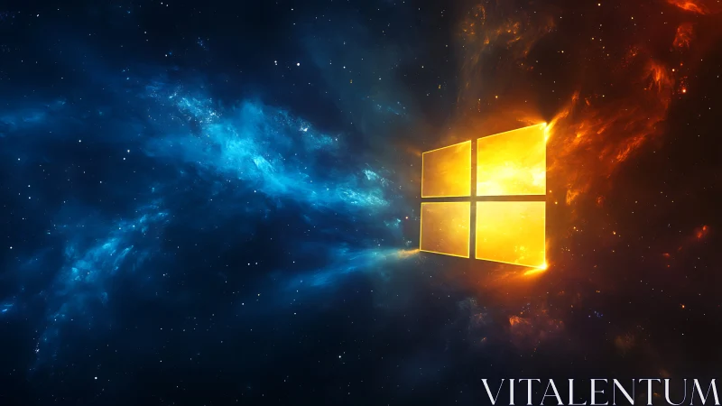 Luminous quad-window emblem amid bifurcated cosmic nebula.