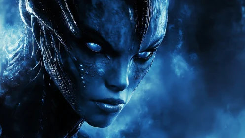 Close-up of blue extraterrestrial humanoid face in mist.