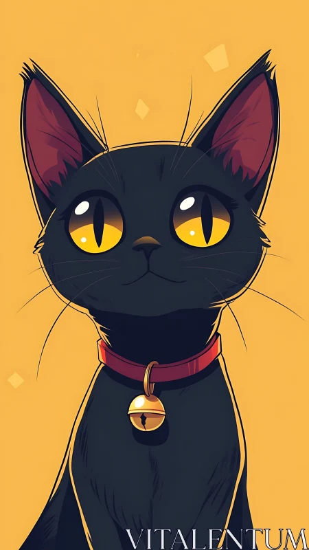 Illustration of Black Cat with Yellow Eyes and Red Collar.