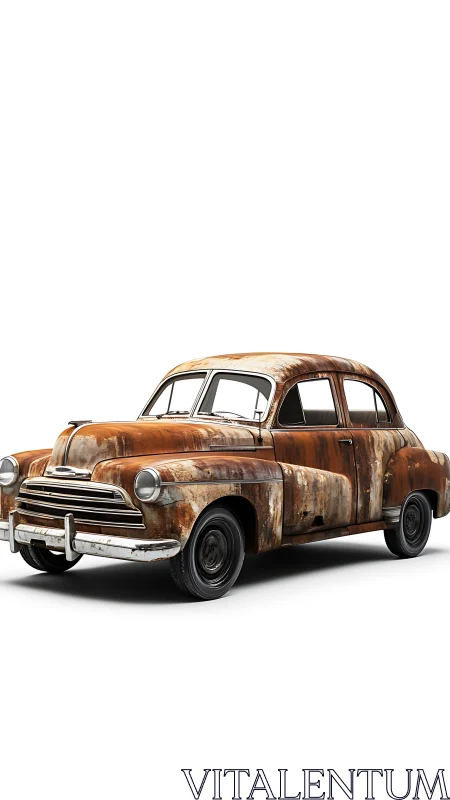 Rusty vintage sedan stands isolated in stark white studio