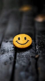 Stray yellow smiley coin quietly brightens the rainy boards