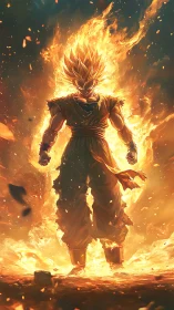 Flaming super warrior erupts amid blazing molten ground.
