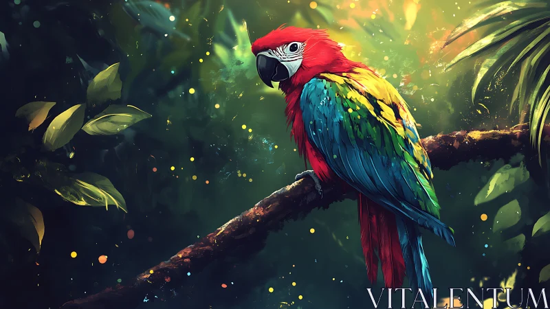 Vibrant Macaw Parrot on Jungle Branch, Digital Art Illustration.
