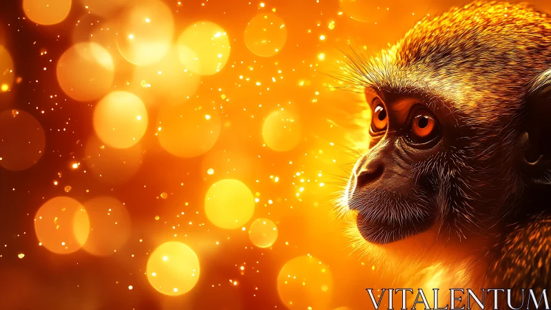 Side profile of monkey against bright orange bokeh field.