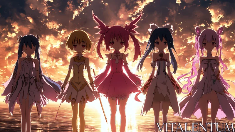 Sunset-lit magical girls stride forward through molten clouds