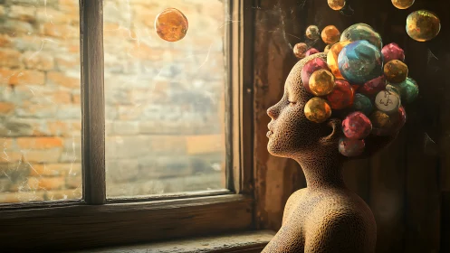 Rendered figure with spherical forms observes light through window