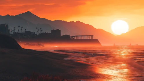 Golden sunset bathes a peaceful coastal pier and mountains