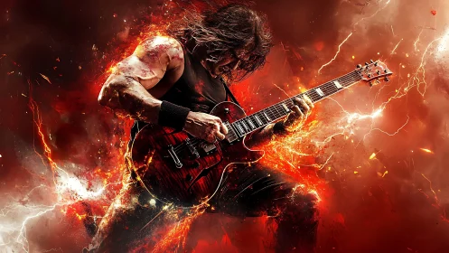 Explosive rock guitarist shredding in molten firestorm.