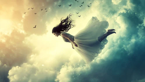 Woman in white dress floating horizontally in cloudy sky.