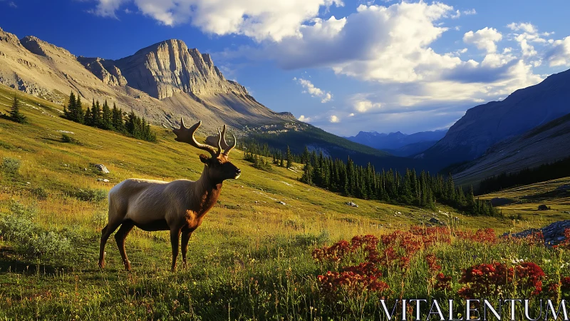 Photorealistic alpine elk in golden valley panorama composition.
