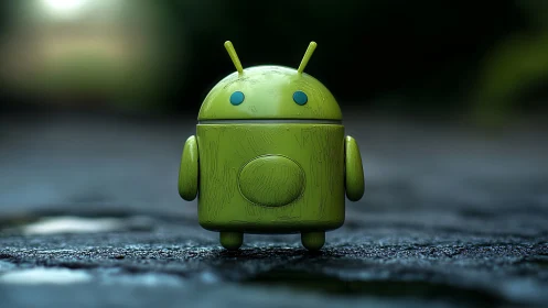 Green android robot figurine stands on wet textured ground