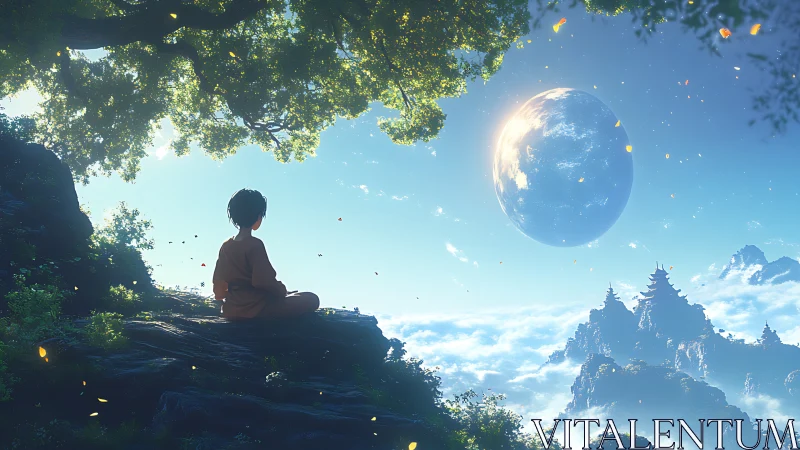 Child observing floating planet above misty mountains.