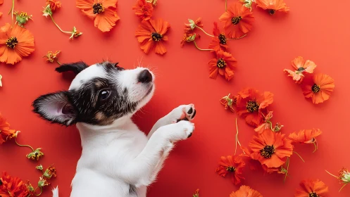 Small dog with black and white markings among vibrant red flowers