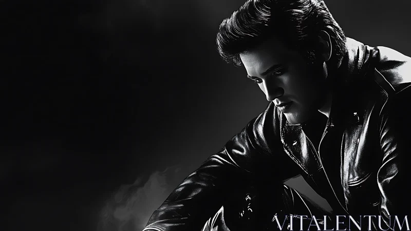 Moody leather-clad crooner lost in reflective shadows.