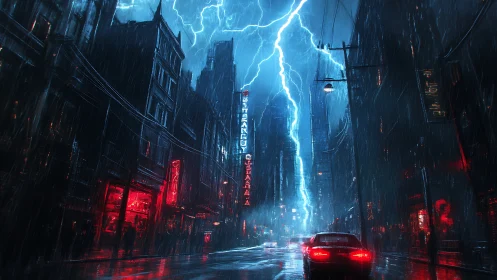 Lightning over rain soaked neon city street at night.