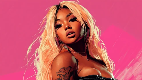 Digital portrait of blonde woman against vivid pink backdrop.