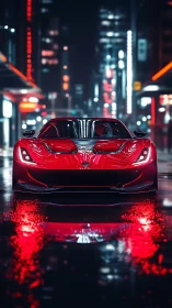 Red sports car on wet neon city street at night.