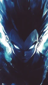 Blue-lit anime warrior portrait with glowing eyes and aura.