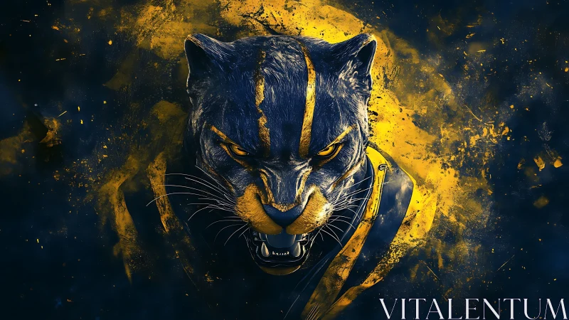 Fierce digital panther head in blue and yellow paint burst.